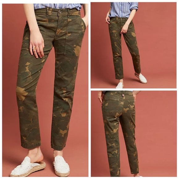 ANTROPOLOGIE Linen Blend Multi Color Camo Print THE WANDERER Utility Pant Jeans - Picture 1 of 9